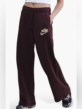 Nike women’s Maroon Wide-Leg Joggers with Gold Logo